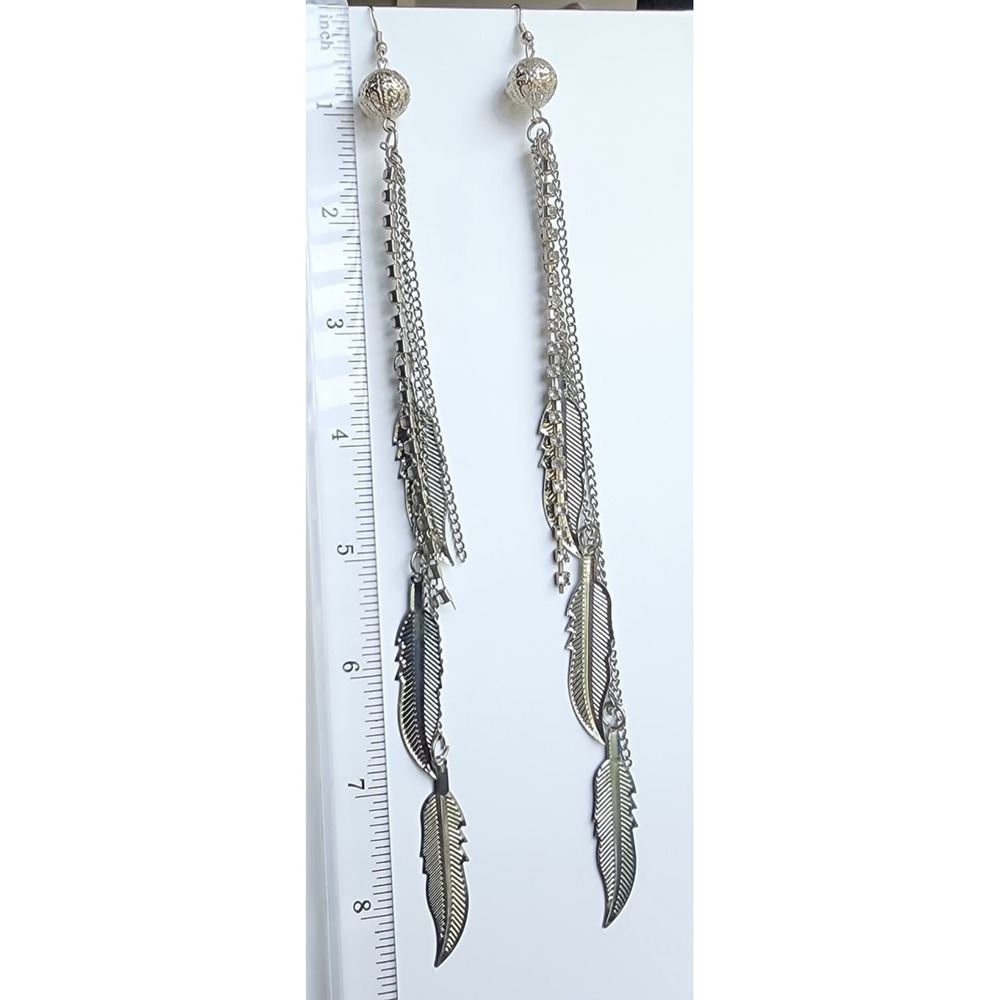 Dangle Feather Earrings Silver Tone - Picture 3 of 4